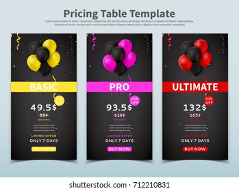 Pricing table templates with different plans. Design element for website with colorful balloons discount offer. Vector illustration with web banners with three plan type - Basic, Pro and Ultimate.