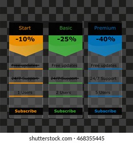 Pricing table with three plan son a transparent background for websites.