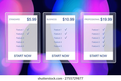 Pricing table ui design with glassmorphism effect on neon gradient background. Set of three subscription plan cards for web and app interface. Vector template for website landing pages, SaaS platforms, software subscription plans.