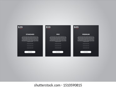 Pricing table  vector. order, box, button, list for web. price list. mobile.