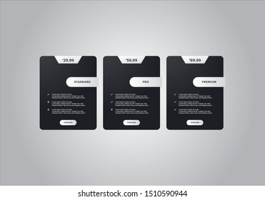Pricing table  vector. order, box, button, list for web. price list. mobile.