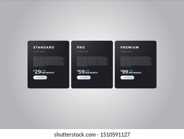 Pricing table  vector. order, box, button, list for web. price list. mobile.