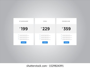 Pricing table  vector. order, box, button, list for web. price list. mobile.