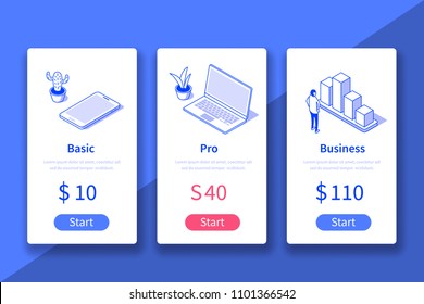 Pricing table website or mobile application template. Can use for web banner, infographics, hero images. Flat isometric vector illustration.