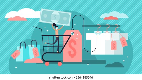 Pricing vector illustration. Flat tiny price tags and labels persons concept. Commerce badge with special offer deal. Money reduction to purchase goods. Abstract employee work with retail discounts.