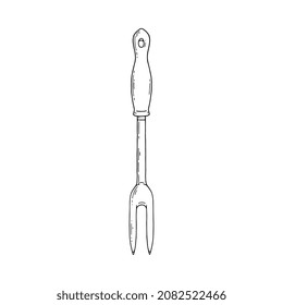 Prick pitchfork or meat fork kitchen utensil, hand drawn sketch style vector illustration isolated on white background. Barbecue and grill fork for meat steak.