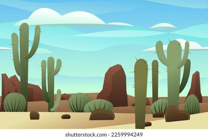 Prickly cacti. Landscape in desert with sand and stones. Rocks and cliffs. Wildlife. Cartoon fun style. Flat design. Vector