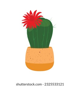 prickly cactus in a ceramic pot. A desert flower. A houseplant. Vector stock illustration. Isolated on a white background.