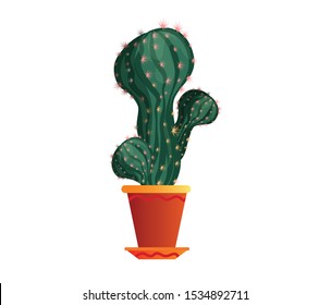  prickly cactus for home and office. In a ceramic flower pot. Isolated image . vector graphic.