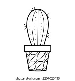 Prickly cactus in pot. Hand drawn vector illustration in sketch doodle style.