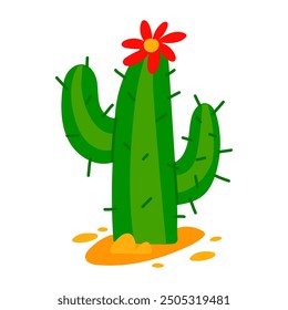 prickly cactus with a red flower grows on the sand in the desert. Flat vector illustration on a white background. Mexican, desert-themed party. cheerful green prickly cactus with an open large flower