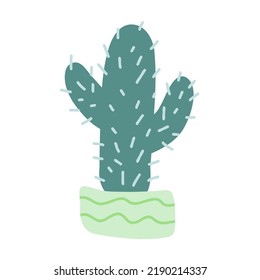Prickly cactus with thorns in pot. Hand-drawn desert tropical cactus spines and flowers. Colored flat cartoon vector illustration isolated on white background