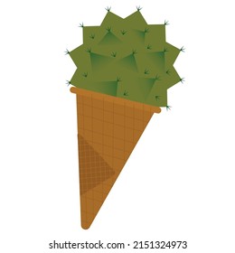 A prickly cactus in a waffle cup. Humorous ice cream. Vector on a white background