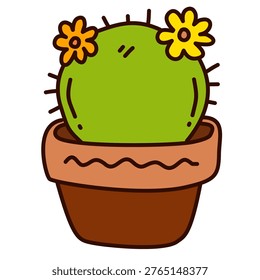 prickly green cactus ball blooming with yellow blossoms in simple brown container