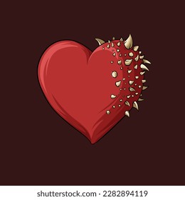 A prickly heart cursed by love isolated on dark brown background. Illustration of a red heart with thorns on it.