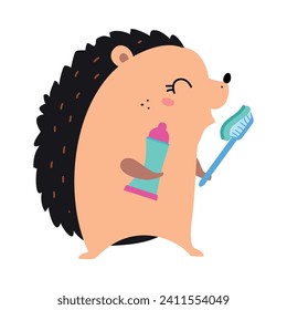 Prickly Hedgehog Character Brushing Teeth with Toothbrush as Hygiene Vector Illustration