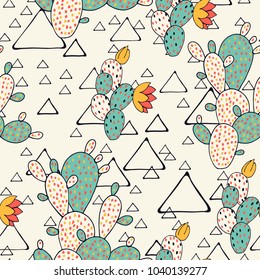 Prickly Pear Cacti and Triangles. Seamless geometric pattern with cactus and triangles in vector. 
