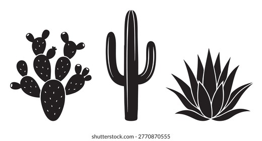 Prickly Pear Cactus and Agave Plant Silhouettes