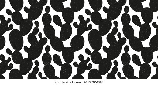 Prickly pear cactus black pattern. Seamless pattern of prickly pear cactus on white background. Horizontal pattern of cactus with dots textured.
