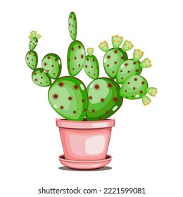 Prickly-Birnen-Kaktus auf keramischem Topf in flacher Technik, Vektorgrafik 