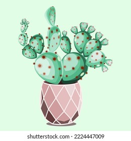 Cactus de peras espinosas en cacerolas de cerámica en ilustración vectorial de técnica plana 