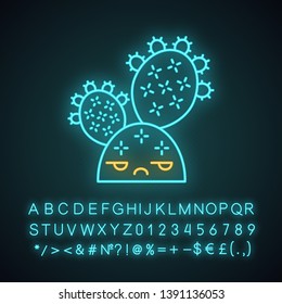 Prickly pear cactus cute kawaii neon light character. Cactus with unamused face. Opuntia. Wild cacti. Funny emoji, emoticon. Glowing icon with alphabet, numbers, symbols. Vector isolated illustration