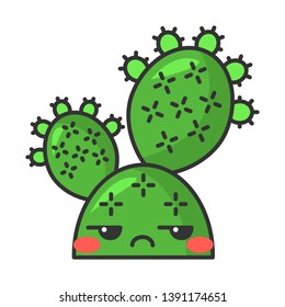 Prickly pear cactus cute kawaii vector character. Embarrassed Opuntia with unamused face. Wild paddle cacti. Mexican nature flushed plant. Funny emoji, emoticon. Isolated cartoon color illustration