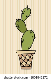 Prickly pear cactus in flower pot. Hand drawn style. Vector illustration.