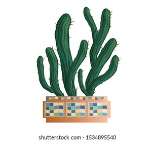 Prickly pear cactus for home and office. In a ceramic flower pot with mosaic. Isolated image vector graphic.