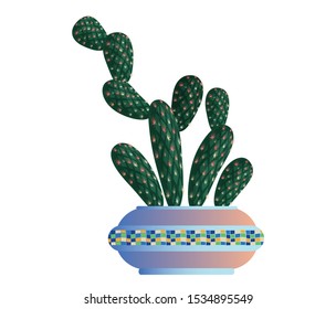 Prickly pear cactus for home and office. In a ceramic flower pot with mosaic. Isolated image vector graphic.