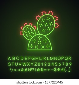 Prickly pear cactus neon light icon. Opuntia. Wild paddle cactus. Mexican nature plant. Exotic flora. Glowing sign with alphabet, numbers and symbols. Vector isolated illustration