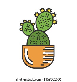 Prickly pear cactus in pot color icon. Opuntia. Home paddle cactus. Mexican nature plant. Exotic flora. Isolated vector illustration