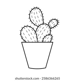 Prickly Pear Cactus in a Pot Outline Vector Illustration. Prickly pear cactus Opuntia with several oval-shaped pads, each adorned with short, straight spines.