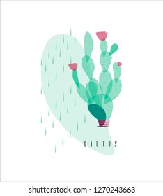 
Prickly pear cactus in a pot. Print with flowering plant.
