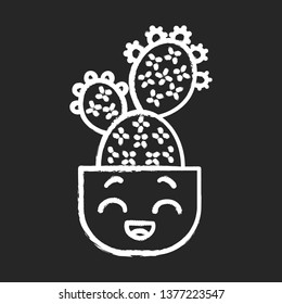 Prickly pear chalk icon. Cactus with laughing face. Opuntia. Home paddle cacti in pot. Mexican happy plant. Succulent plant. Houseplant. Isolated vector chalkboard illustration