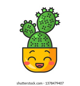 Prickly pear cute kawaii vector character. Cactus with laughing face. Embarrassed Opuntia. Home paddle cacti in pot. Mexican flushed plant. Funny emoji, emoticon. Isolated cartoon color illustration