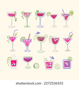 Prickly pear margarita which is pink in color. Cute drinks in a margarita glass. Vector set