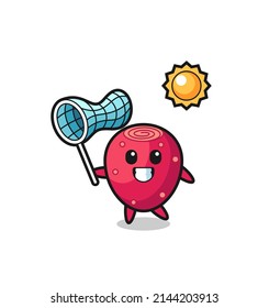 prickly pear mascot illustration is catching butterfly , cute design