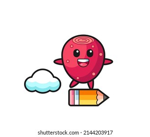 prickly pear mascot illustration riding on a giant pencil , cute design