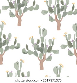 Prickly pear plant seamless pattern. Bunny ear cactus. Opuntia vector illustration
