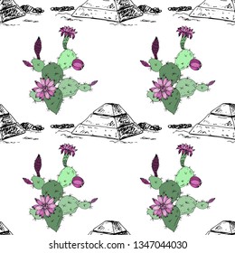 Prickly pear and pyramids of the Maya. Seamless pattern. Vector illustration.