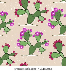 Prickly Pear seamless pattern. Prickly pear cactus with fruits, and flowers. Prickly pear in blossom and with fruits.
