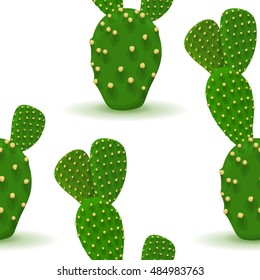 Prickly pear seamless pattern. Opuntia cactus. Vector background with desert plant. Green succulent on a white. Botanical illustration