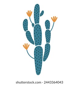 Icono de vector de nopal. Cactus floreciente con tallo verde largo, espinas, flores de naranja. Planta de la casa o suculento desierto. Opuntia americana, mexicana. Garabato botánico dibujado a mano. Dibujo animado plano clipart