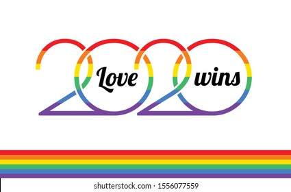 Pride 2020 rainbow logo, rainbow flag, Love wins text on white background - vector Pride illustration