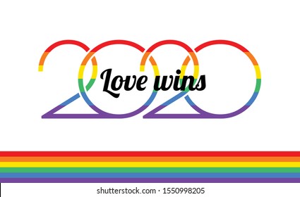 Pride 2020 rainbow type logo, Love wins text, Pride rainbow flag, white background - vector Pride illustration for 2020 New Year events