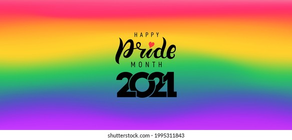 Pride 2021 gradient background with LGBTQ Pride month. Pride symbol with heart, LGBT, sexual minorities, gays and lesbians. Template designer sign, icon, event banner. Vector illustration flag colours