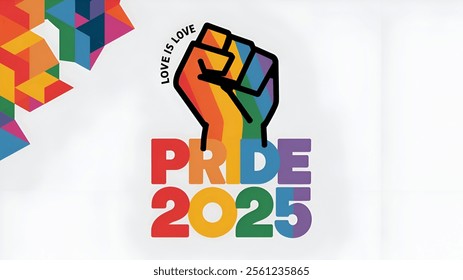 pride 2025. happy pride month and text on top love is love with fist in rainbow color, LGBT History Month, LGBQ, Gay, Rainbow, Flag, Massage,