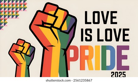 pride 2025. happy pride month and text on top love is love with fist in rainbow color, LGBT History Month, LGBQ, Gay, Rainbow, Flag, Massage,