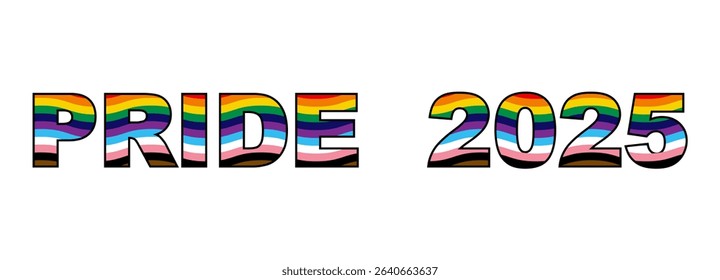 Pride 2025 Logo text, rainbow Flag LGBTQIA+ Wavy Banner. Equality, Inclusivity. Gay Pride template with LGBT Flag sign. Pride Month. Colorful design element isolated on white background
